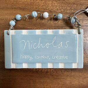 Department 56 Sandra Magsamen Name Tag Ornament Decor Ceramic Plaque NICHOLAS